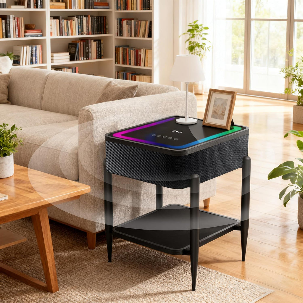 LED Smart Nightstand with Bluetooth Speaker & Wireless Charging, Modern End Table with RGB Lights, Tempered Glass Touch Panel, USB/Type-C/AUX Ports, Easy Assembly, 65W HiFi Sound System, Black