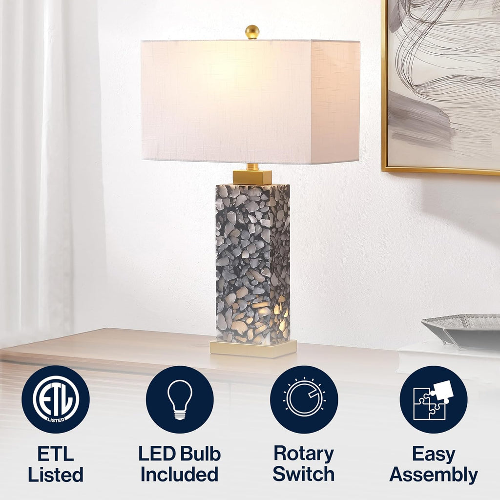 JONATHAN Y 27.5' Black Alabaster Gold Rectangular Table Lamp with Night Light Contemporary Coastal Bedside Lamp for Bedroom with White Linen Shade LED Bulbs Included JYL6201C