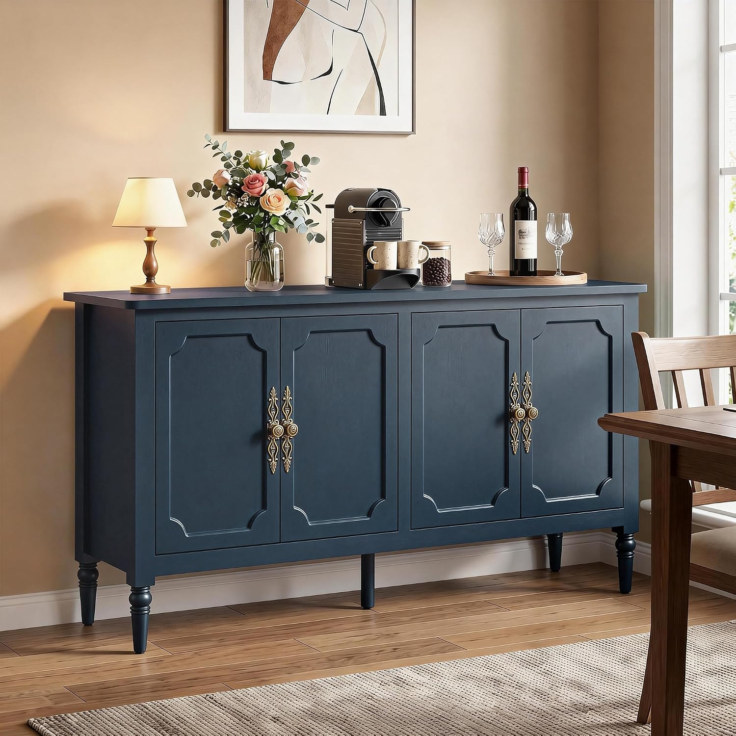 RoyalCraft 118' Buffet Cabinet with Storage, Vintage Sideboard with Adjustable Shelves, Mid Century Modern Painted Credenza Coffee Bar for Kitchen, Dining Room, Entryway, Living Room, Navy Blue