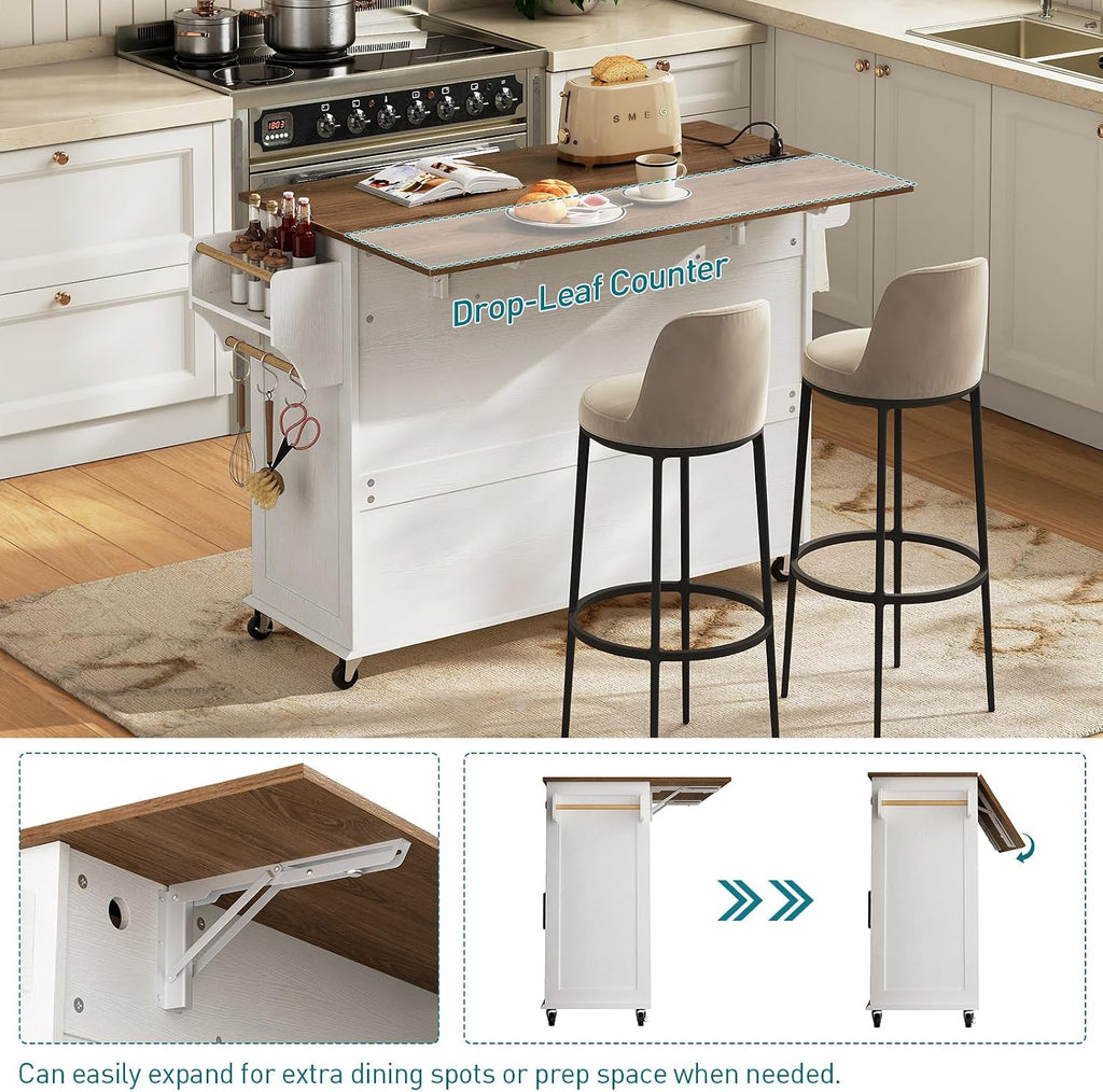 RALGEND Kitchen Island with Drop Leaf & Power Outlet, Rolling Kitchen Island Cart On Wheels, Barn Door Kitchen Island Table with Storage and Tower Rack, Island Table for Kitchen, White and Walnut