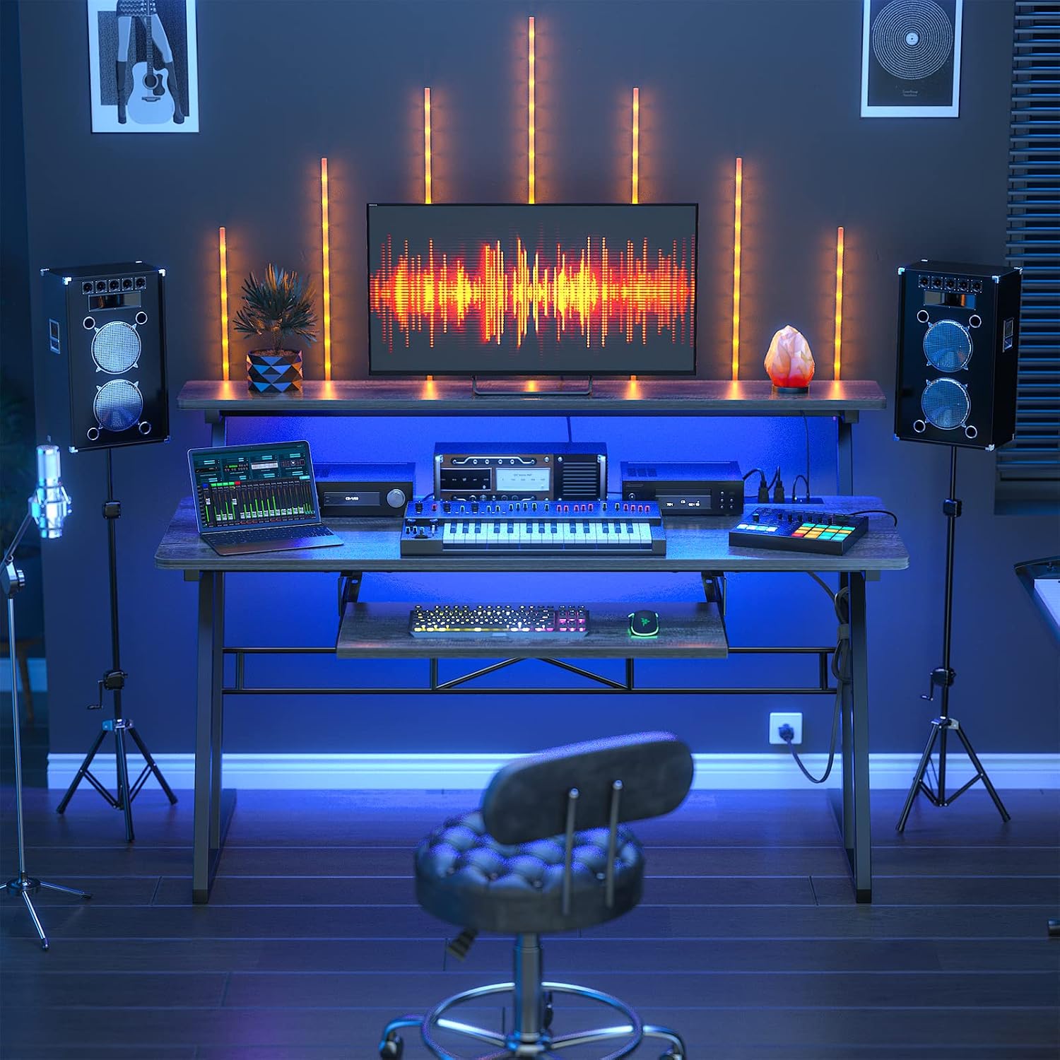 Armocity Music Studio Desk Production Workstation - Recording Studio Desk for Producer with Power Outlet & RGB LED Lights, Studio Workstation for Music Recording, Home Studio Table Desks, Grey Oak