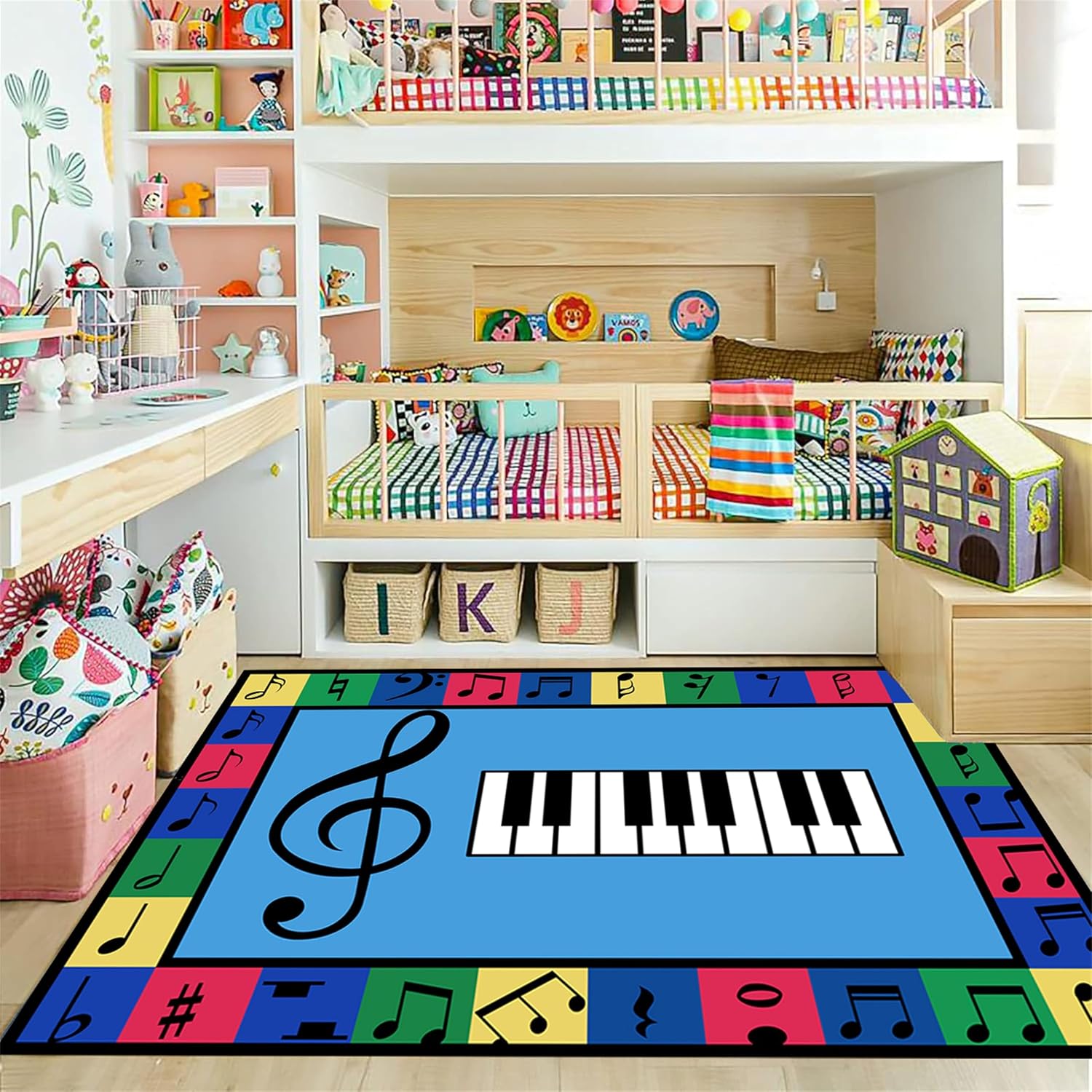 Children's Music Area Rugs,6x8ft,Black and White Piano Keys Musical Instrument Rug,Colorful Musical Notes Music Classroom Learning Carpet,Suitable Girls and Boys Bedrooms,Game Room Decorative Rugs
