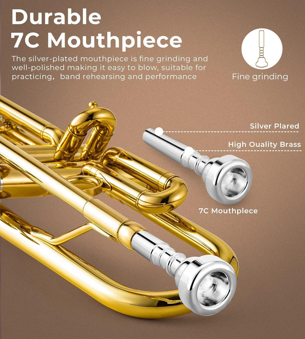Vangoa Bb Trumpet Brass Standard Gold Trumpet Instrument for Student School Band Orchestra Adult Kid Beginner with Hard Case, Stand, Cleaning Kit, White Gloves, Valve Oil and 7C Mouthpiece