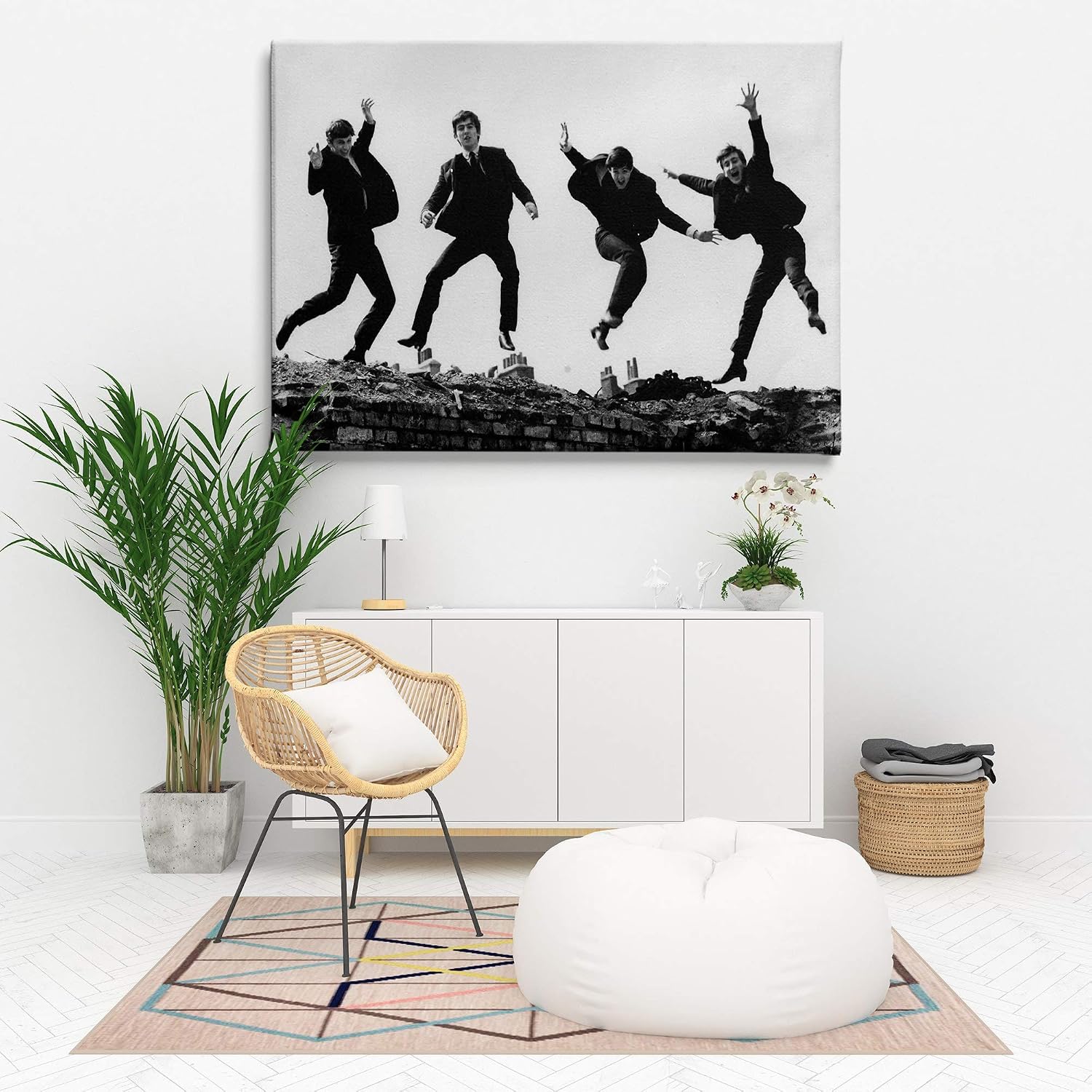 Vintage Rock Band Canvas Wall Art | Black & White Musicians Jumping Print | Retro Home Décor – Various Sizes (45in x 30in Gallery Wrapped)