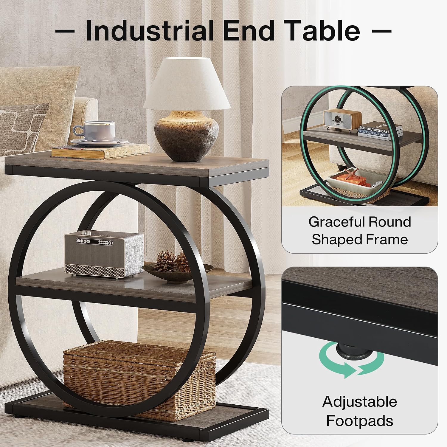 Tribesigns End Table Set of 2, Narrow End Table with 3 Storage Shelves, Wooden Side Table with Metal Frame, Small Sofa Side Table for Living Room, Grey Nightstand and Bedside Table for Bedroom
