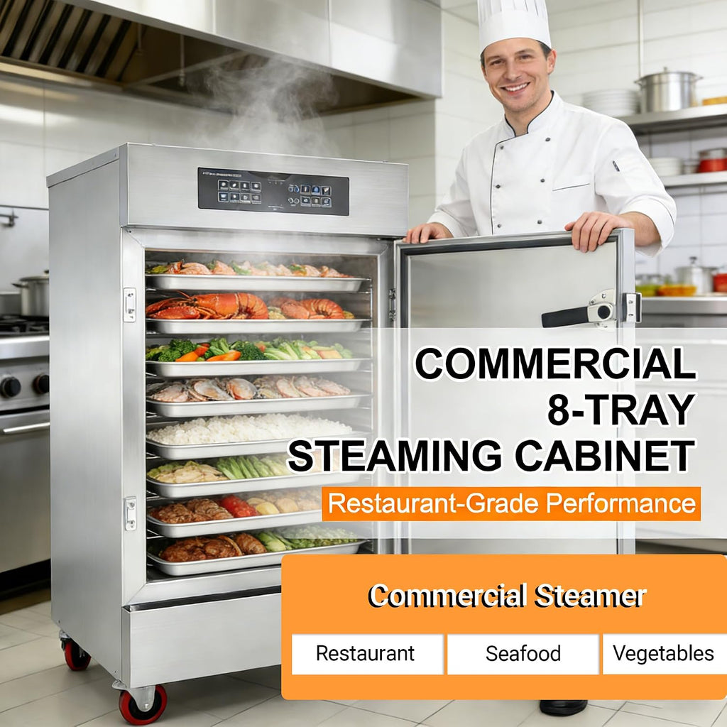 Commercial Electric Steaming Cabinet 8 Trays Intelligent Food Steamer Stainless Steel with Timer Appointment, Auto Water Refill, Anti-Dry for Restaurant/Canteen/Hotel Kitchen 220V 9KW 3PH
