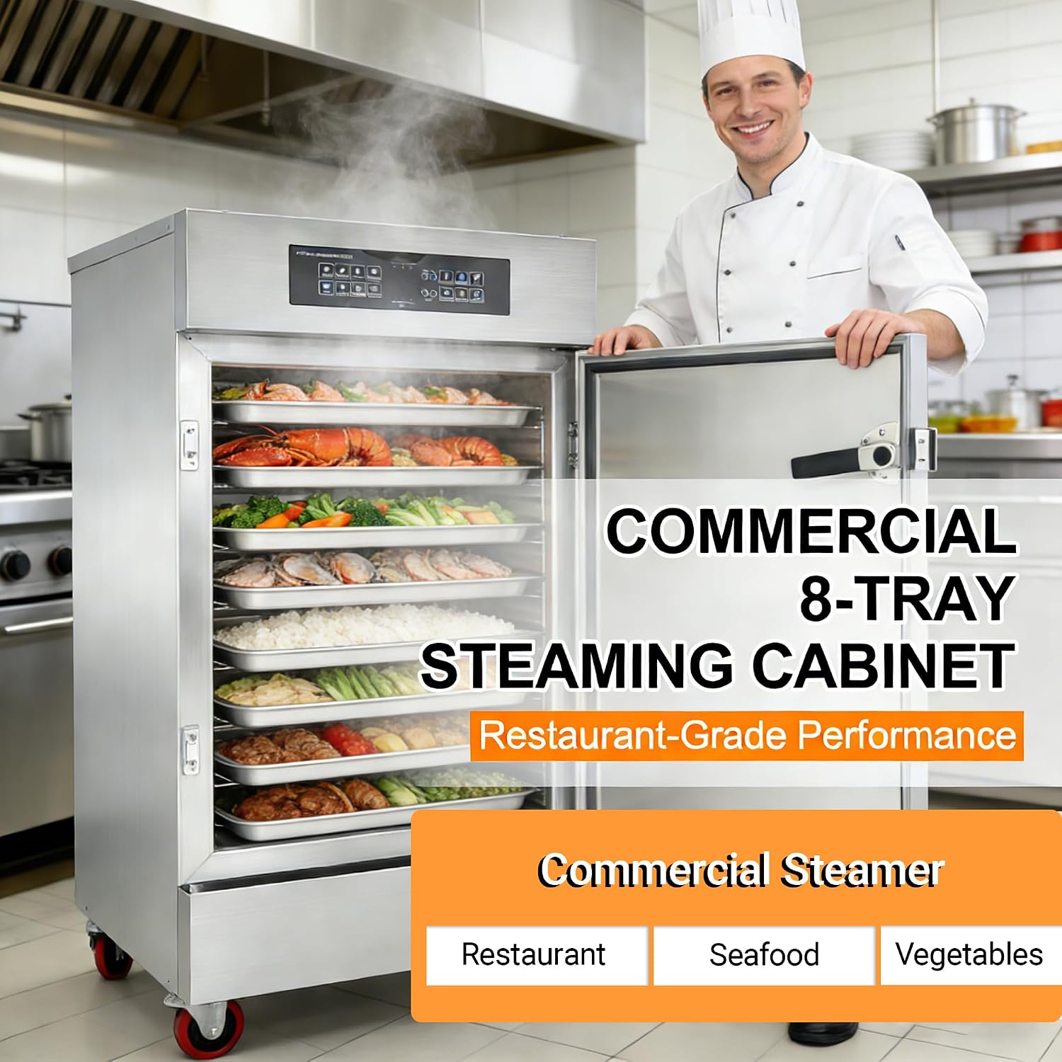 Commercial Electric Steaming Cabinet 8 Trays Intelligent Food Steamer Stainless Steel with Timer Appointment, Auto Water Refill, Anti-Dry for Restaurant/Canteen/Hotel Kitchen 220V 9KW 3PH