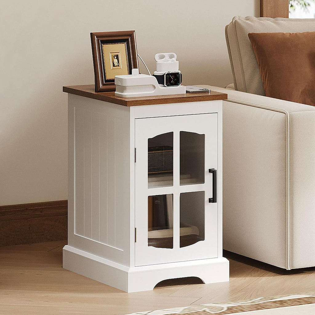 ChooChoo Farmhouse End Table Set of 2 with Charging Station, Nightstand with Adjustable Shelf and Glass Door, White Side Table for Living Room, Bedroom
