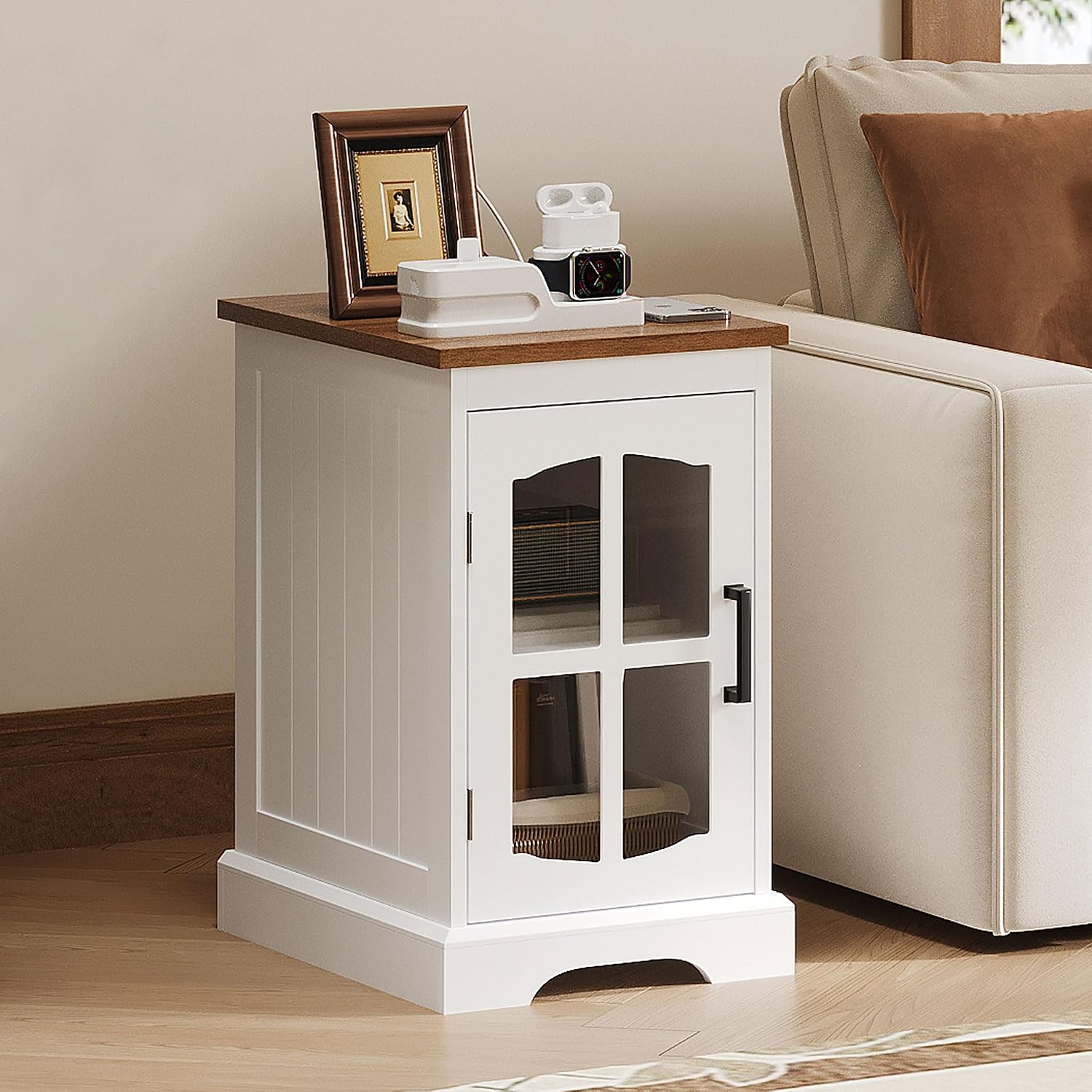 ChooChoo Farmhouse End Table Set of 2 with Charging Station, Nightstand with Adjustable Shelf and Glass Door, White Side Table for Living Room, Bedroom