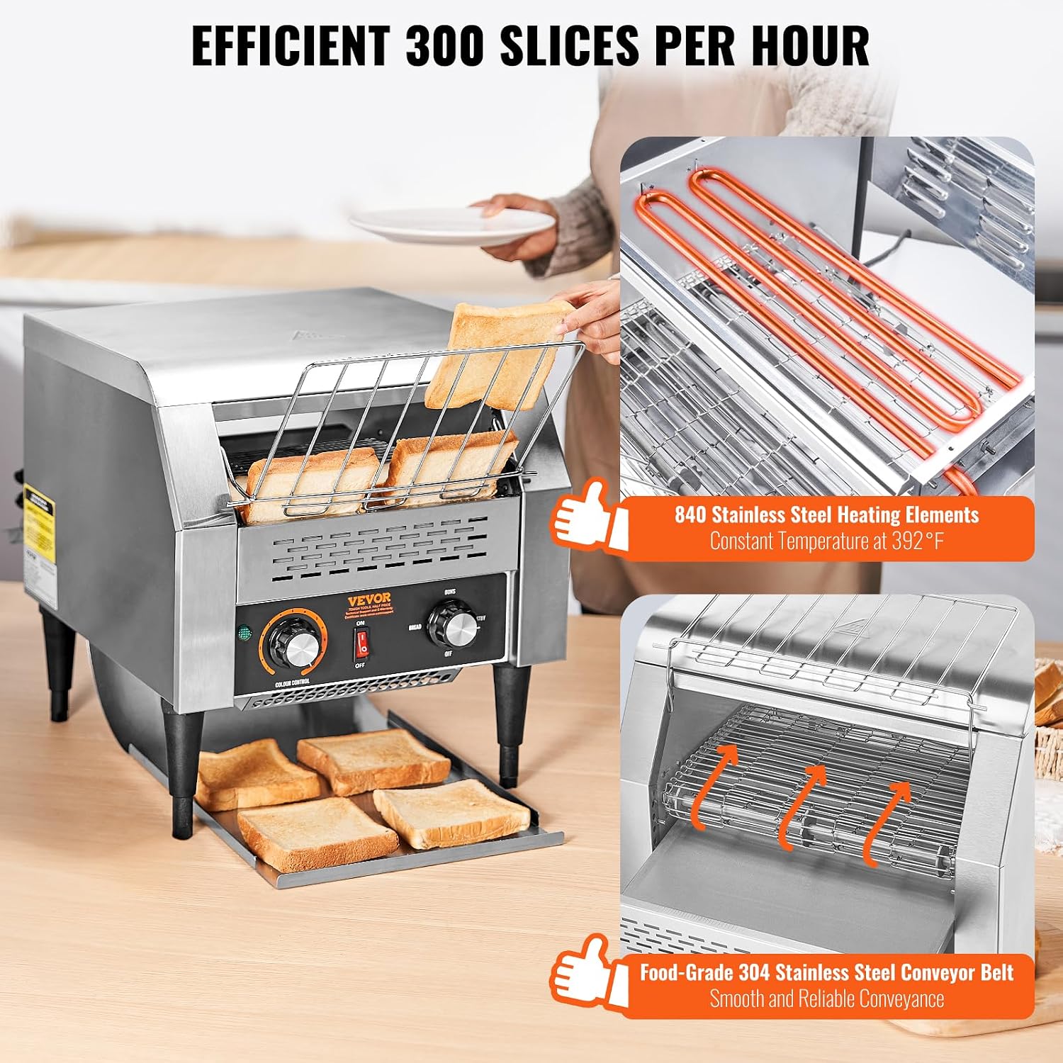 VEVOR Commercial Conveyor Toaster, 300 Slices/Hour Conveyor Belt Toaster, Heavy Duty Stainless Steel Commercial Toaster Oven for Toast Bun, Bagel, Bread