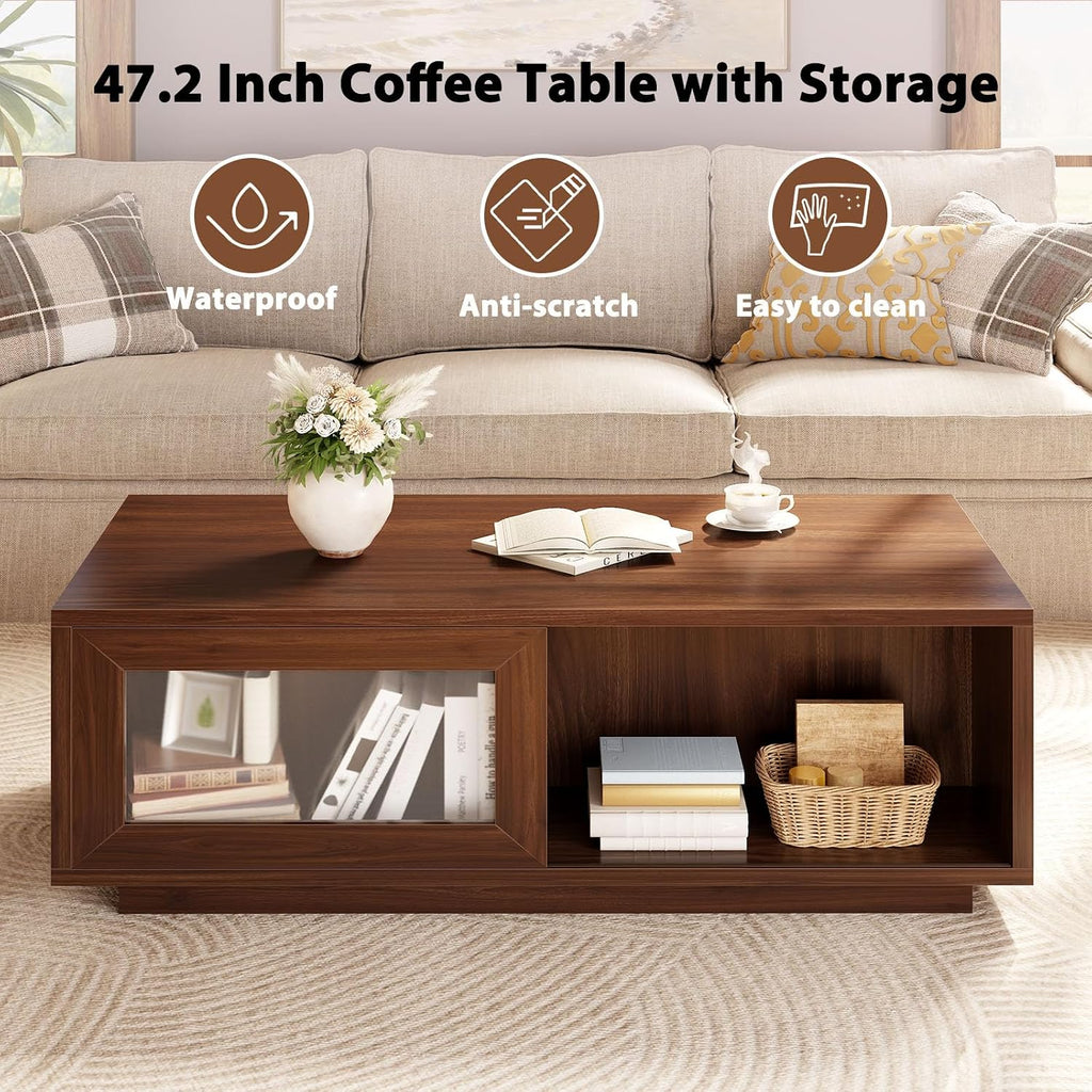 HSH Walnut Coffee Table for Living Room, 47 Inch Modern Wood Rectangle Coffee Tables with Sliding Door and Storage Open Shelf, Large Low Center Table for Home Decor