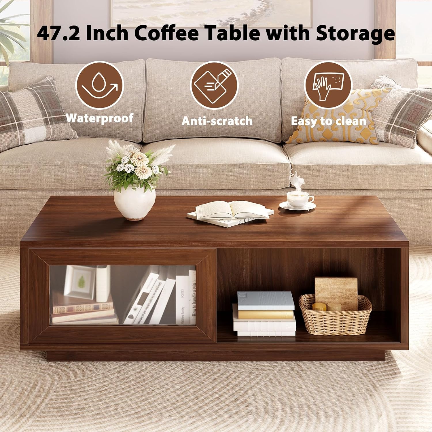 HSH Walnut Coffee Table for Living Room, 47 Inch Modern Wood Rectangle Coffee Tables with Sliding Door and Storage Open Shelf, Large Low Center Table for Home Decor
