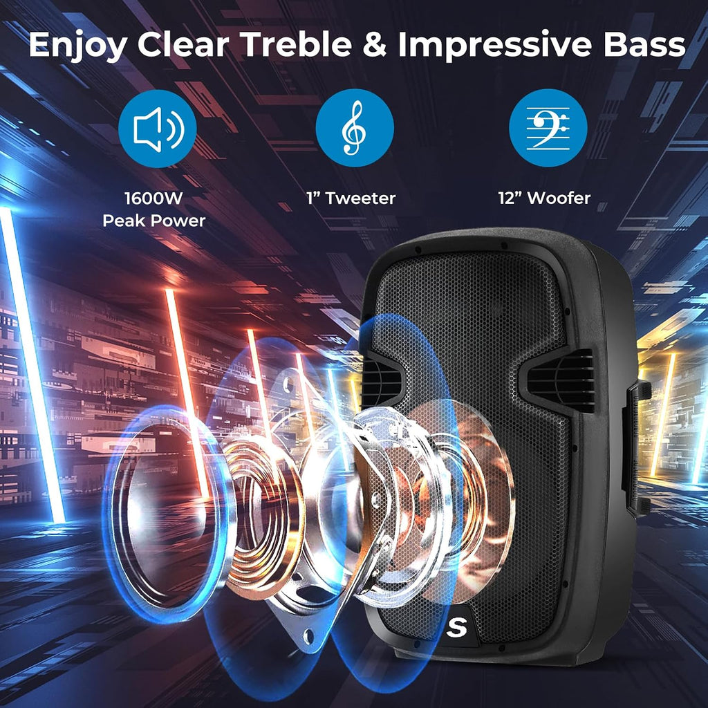 Costzon 2-Way Powered PA Speakers System Combo Set, 12' 2000W Portable Dual Passive Active Speaker with Stands, Bluetooth, TWS, USB/SD Card, AUX MP3 FM Radio, Microphone, Remote Control (12')