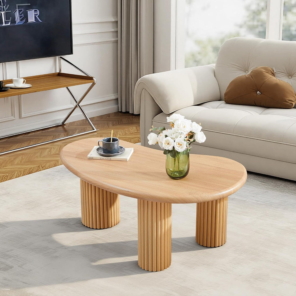 Fluted Coffee Table, 39'' Farmhouse Coffee Tables for Living Room, Low Wood Accent Center Table Small Tea Table with Sturdy Base & Rounded Corners for Small Space Home Office (Natural)