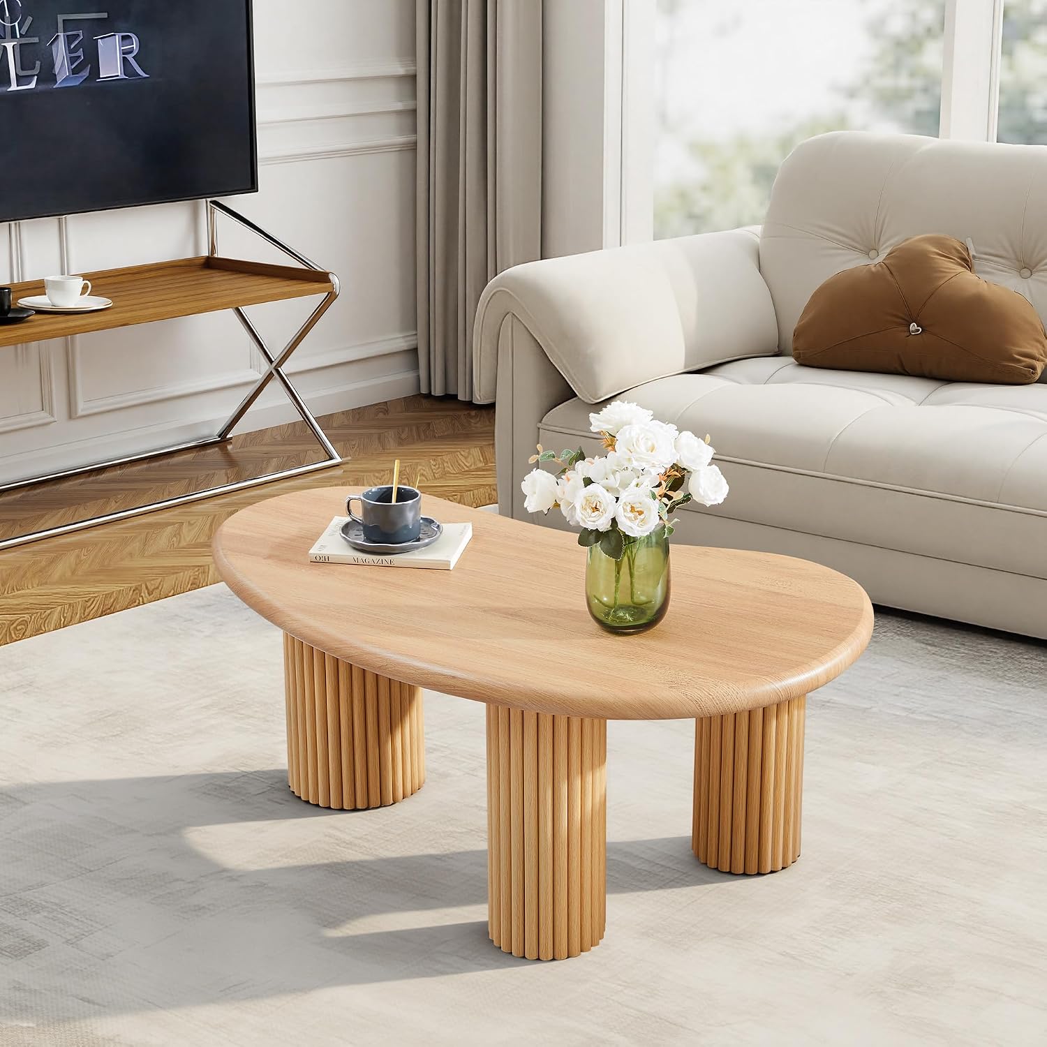 Fluted Coffee Table, 39'' Farmhouse Coffee Tables for Living Room, Low Wood Accent Center Table Small Tea Table with Sturdy Base & Rounded Corners for Small Space Home Office (Natural)