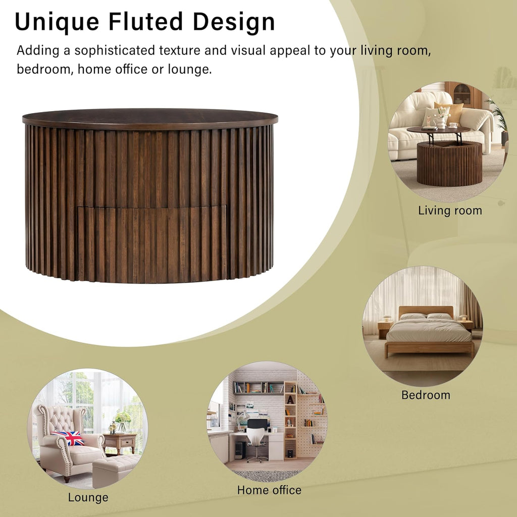 Round Lift Top Coffee Table, 29.8' Modern Fluted Wood Circle Table with Hidden Storage Drawer, Brown Solid Wood & MDF Cylinder Side Table for Living Room Bedroom Small Space