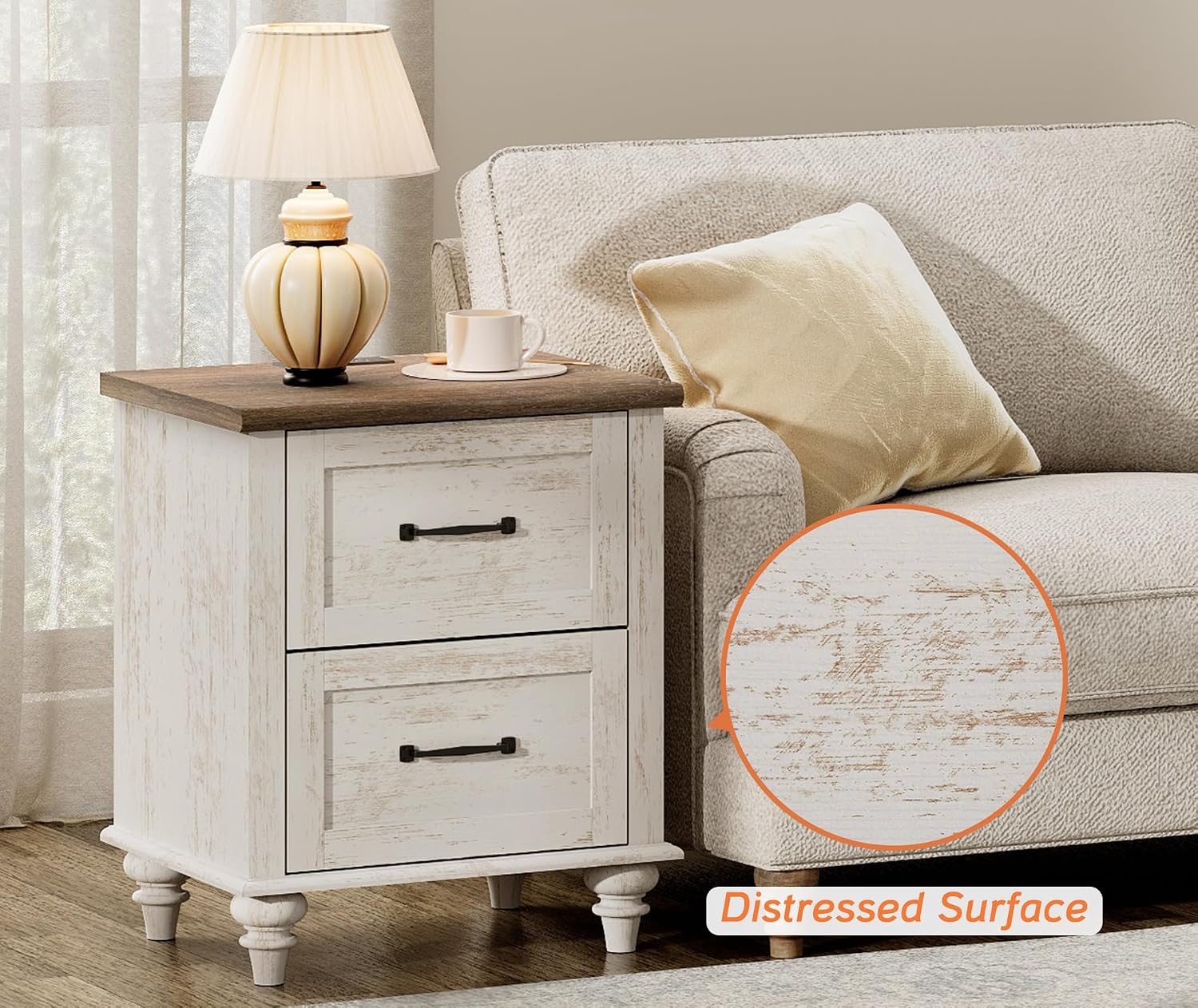 WAMPAT Antique White Side Table Nightstand with Charging Station, Wood End Table with 2 Drawers for Living Room, Rustic Night Stand Farmhouse Bedside Table for Bedroom, Kids Room
