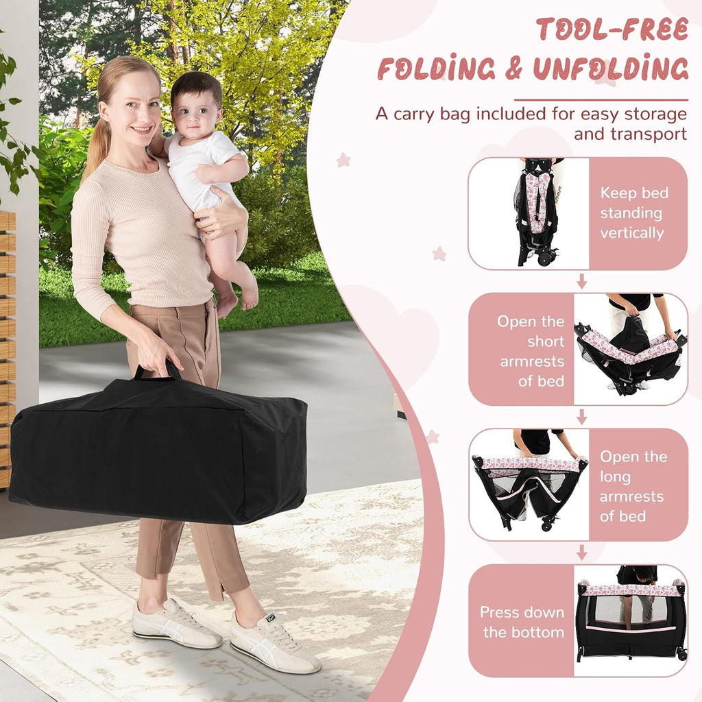 HONEY JOY Pack and Play, 4 in 1 Portable Baby Crib Playpen w/Bassinet, Changing Table, Canopy, Mattress, Music Box, Storage Bag, Foldable Pack and Play for Infant Boys Girls