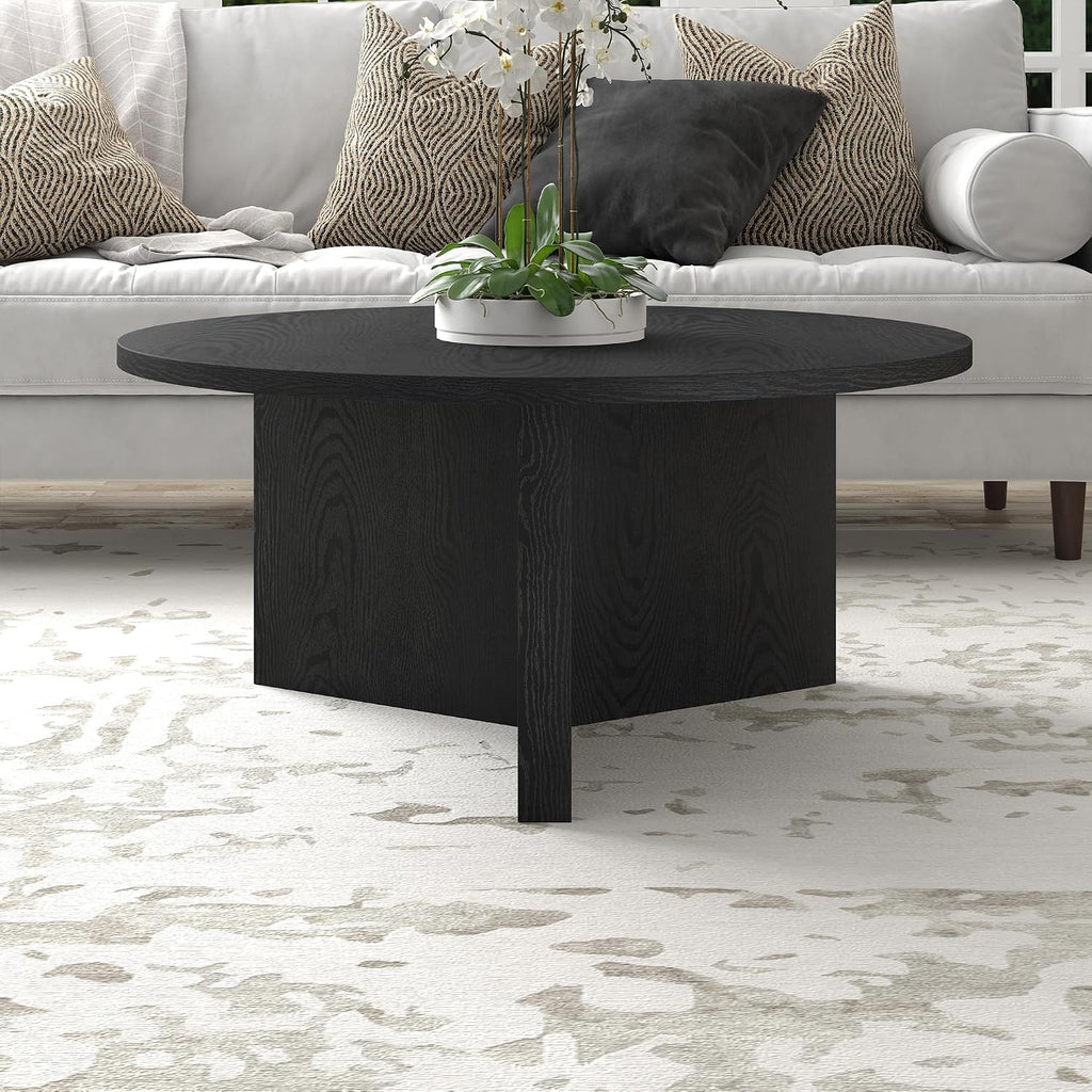 Henn&Hart 36' Round Wood Pedestal Coffee Table for Living Room, Family Room, Office, or Apartment, Natural Black