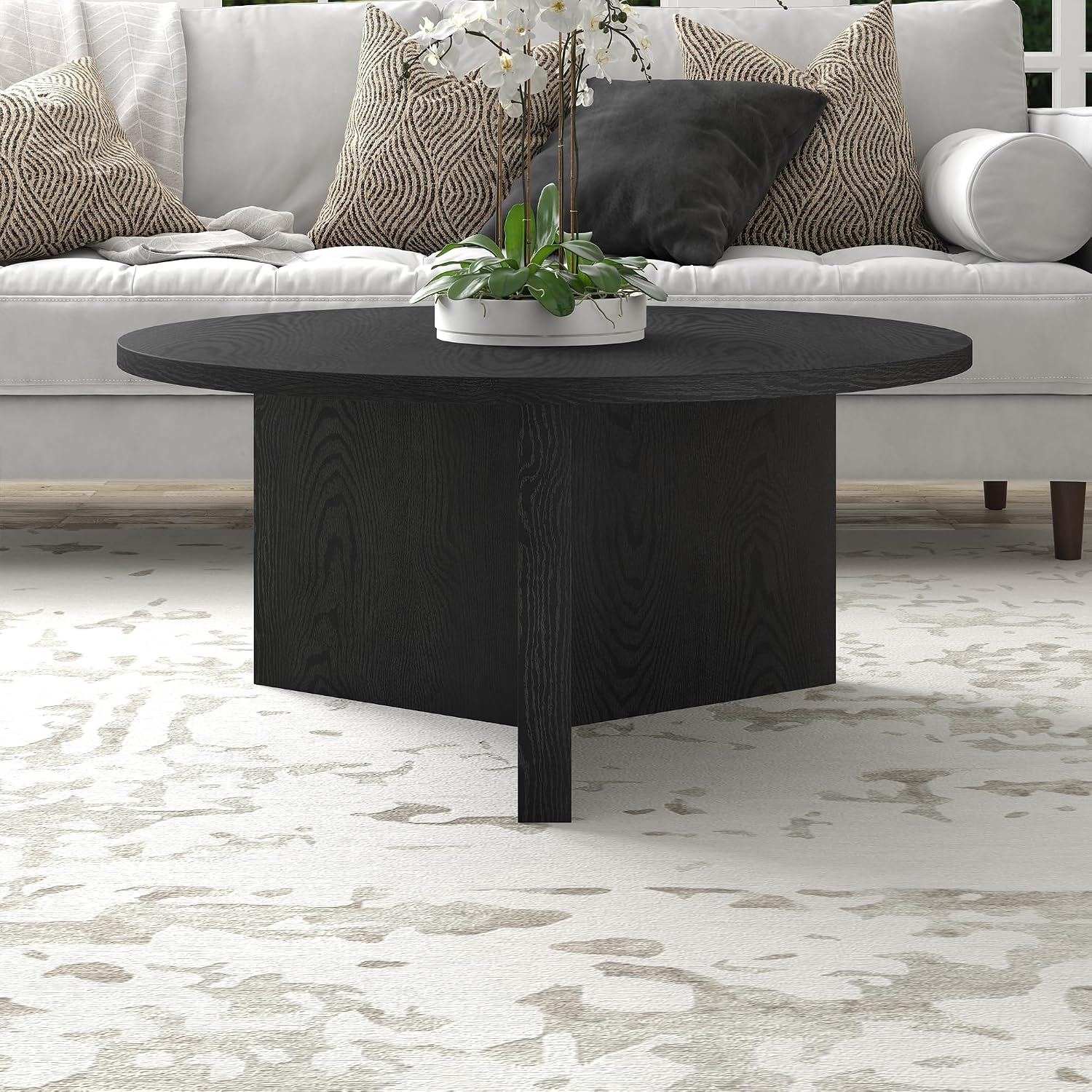 Henn&Hart 36' Round Wood Pedestal Coffee Table for Living Room, Family Room, Office, or Apartment, Natural Black