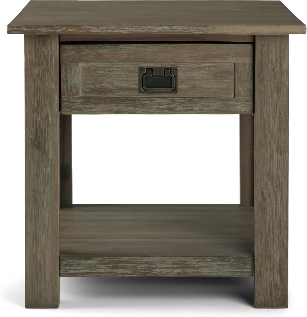 SIMPLIHOME Monroe End Table - 22 inch Wide Solid Acacia Wood Side Table in Distressed Grey, Rustic Contemporary Accent Table for Living Room or Bedroom with Drawer and Shelf