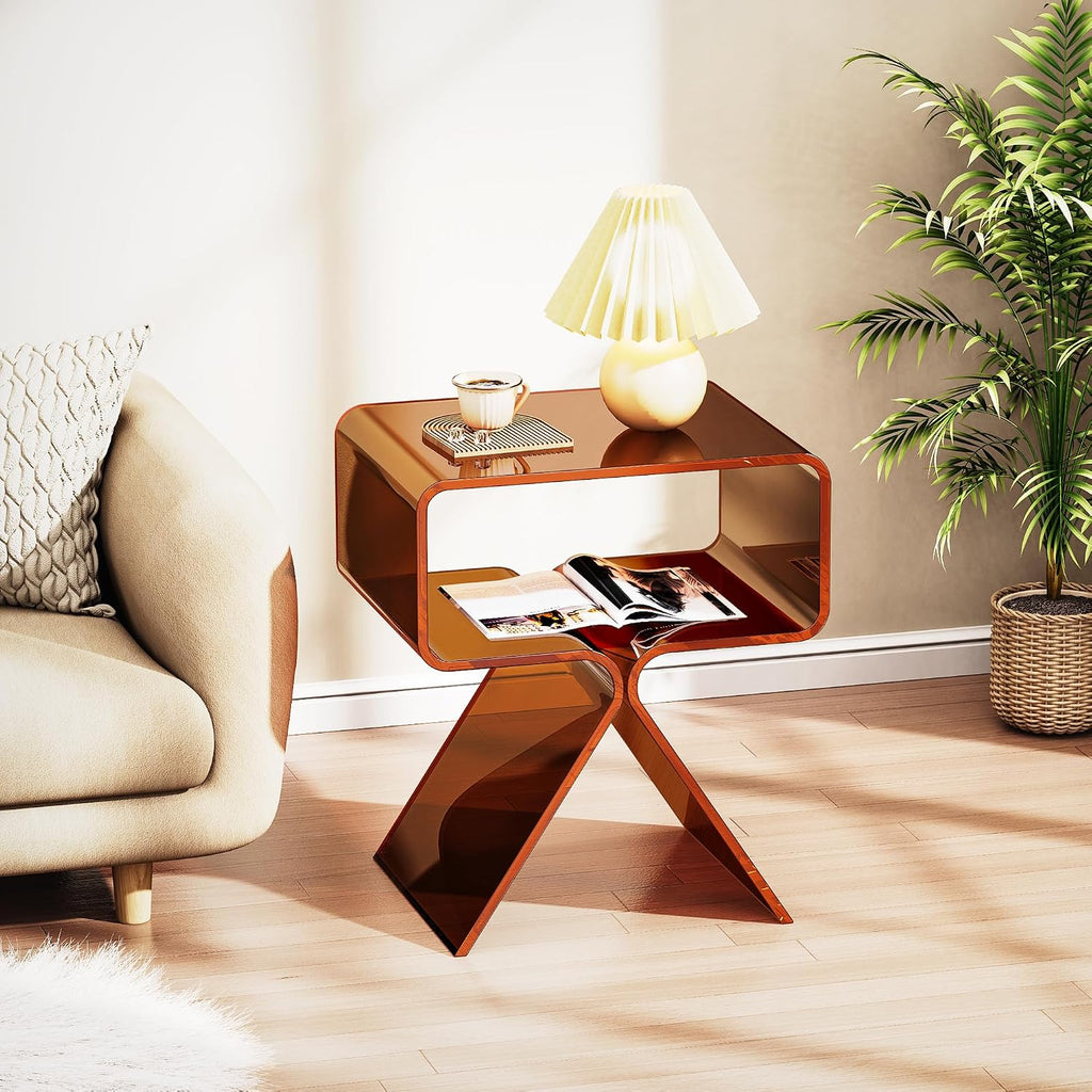 Acrylic Nightstand Side Table Modern Design Clear Home Decor Display End Table for Living Room (Dark Brown)