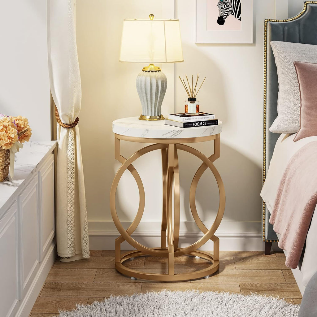 Tribesigns Modern Round End Table Set of 2, Multifunctional Accent Table Small Side Table for Living Room, White Gold with Faux Marble Top, 19.7'W x 19.7'D x 25.6'H