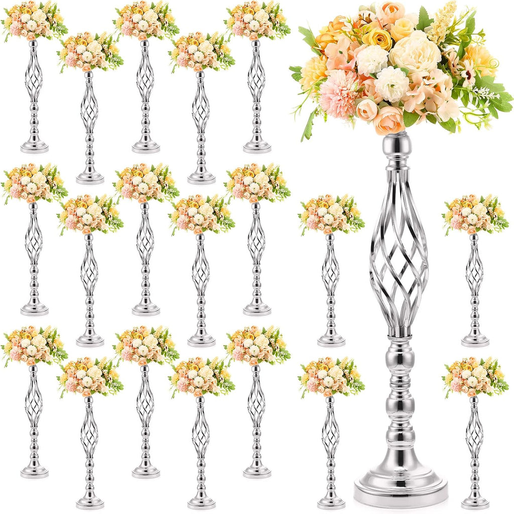 Rtteri 20 Pcs Large Wedding Centerpiece Table Decorations Tall Metal Flower Arrangement Stand Elegant Flower Vase Candle Holder for Wedding Reception Table Party Event Hotel Home Decor (Silver,Large)