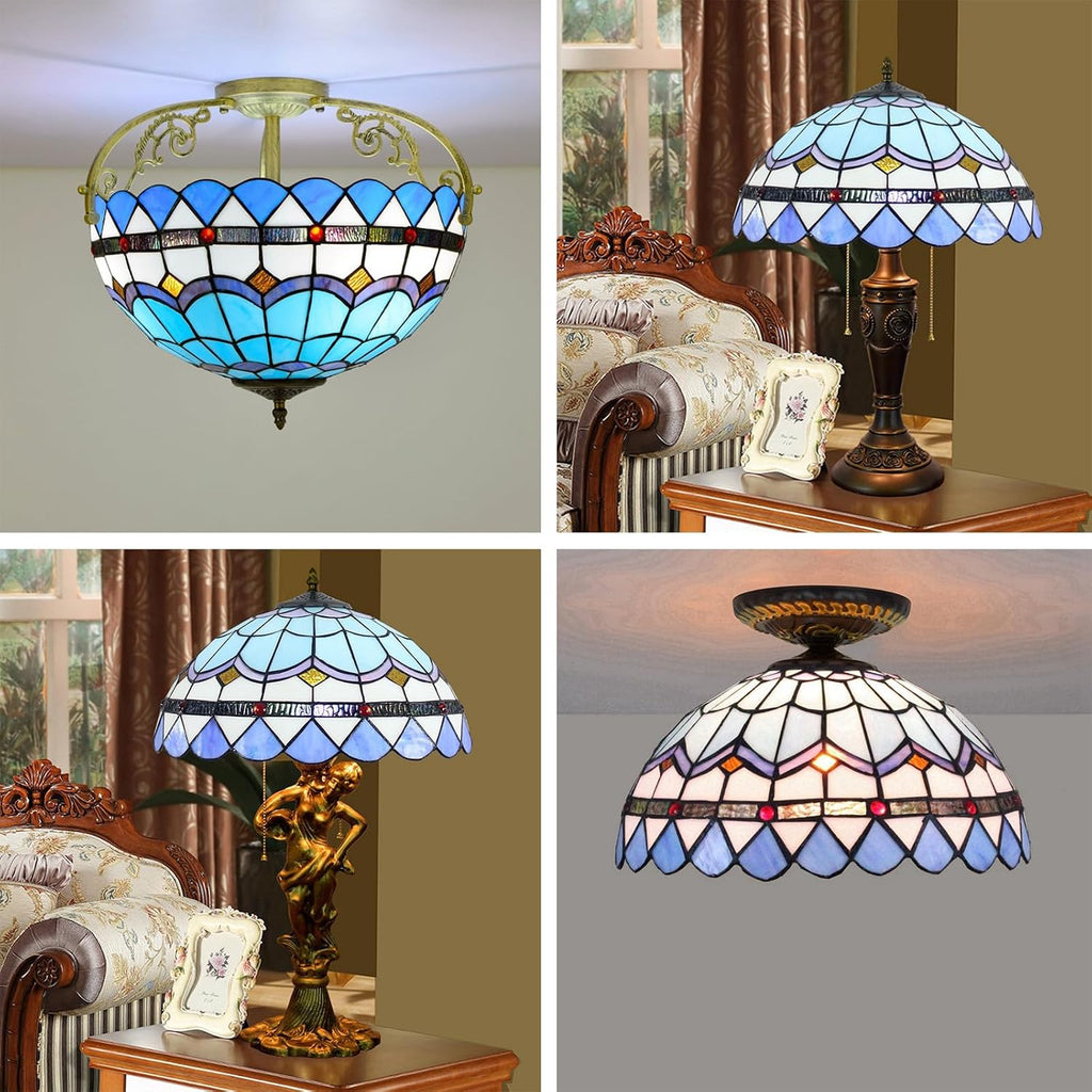 16 inch Tiffany Lamp Shade,Mediterranean Blue Stained Glass Lampshade Replacement for Table Lamps Floor Lamp Ceiling Fixture Hanging Light