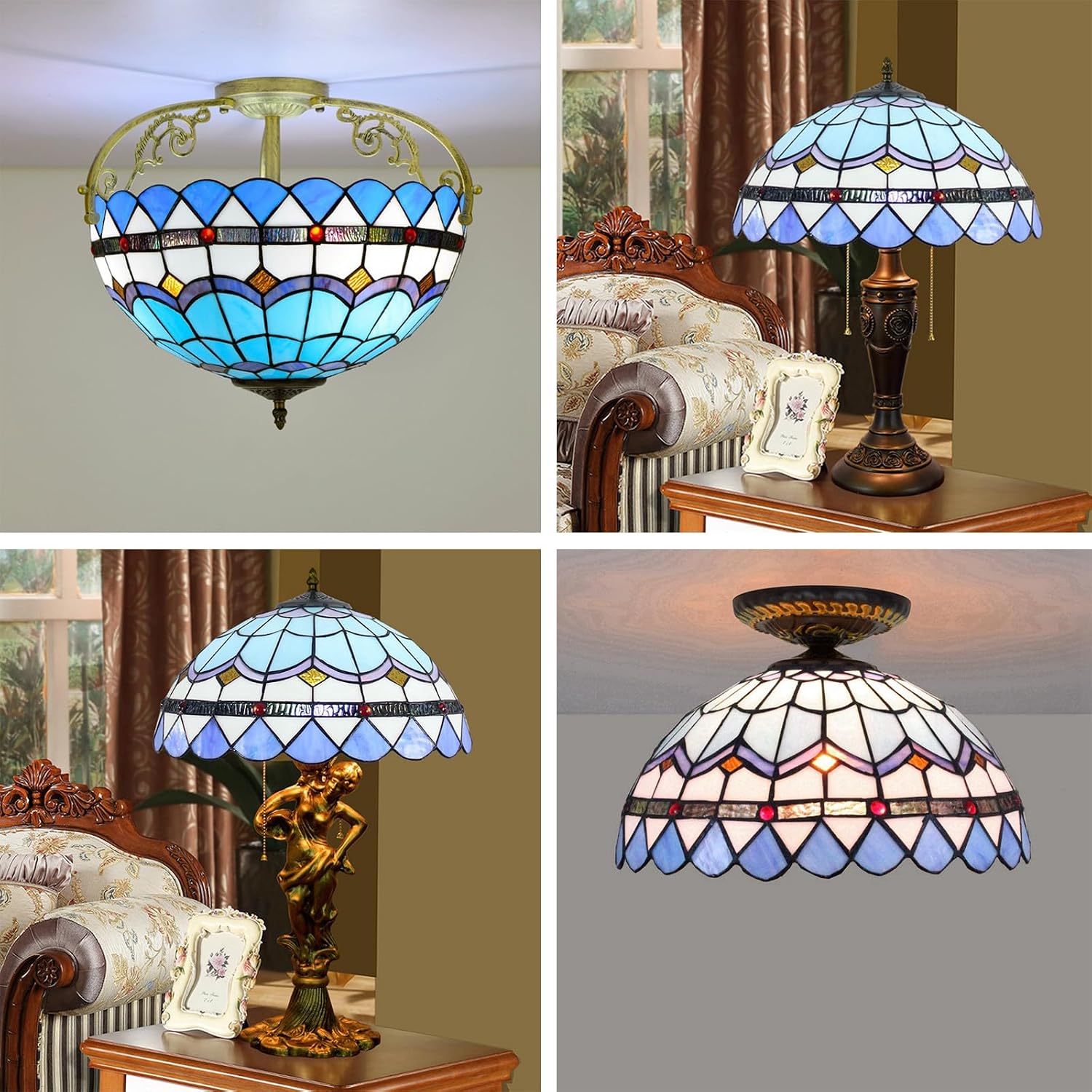 16 inch Tiffany Lamp Shade,Mediterranean Blue Stained Glass Lampshade Replacement for Table Lamps Floor Lamp Ceiling Fixture Hanging Light
