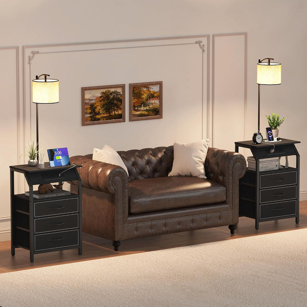 End Table with Floor Lamp Set of 2, Nightstand with Charging Station, Floor Lamp Table with 3-Color Temperature Bulb, Bedside Table Night Stand with 3 Drawers for Bedroom, Living Room, Black