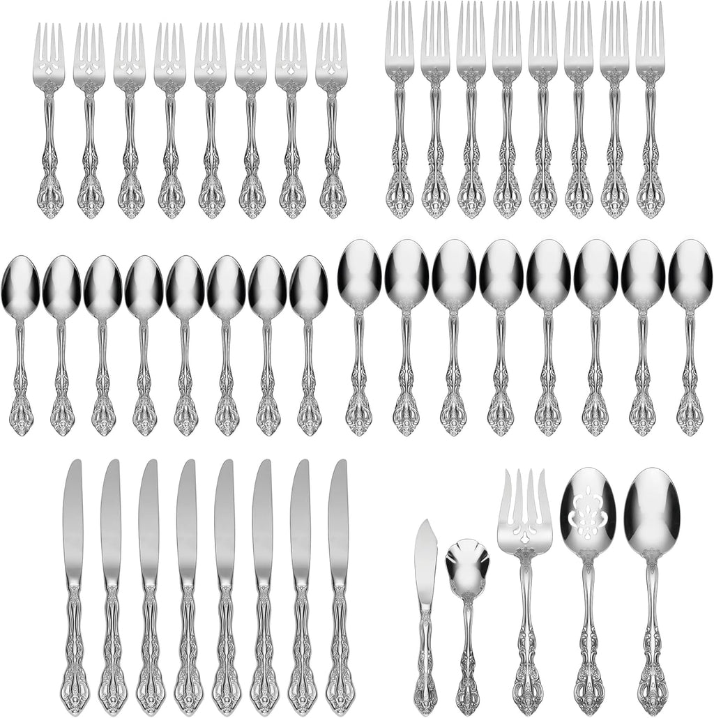 Oneida Silverware Set, Michelangelo 45 Piece Fine Flatware Set, Service For 8, 18/10 Stainless Steel, Dishwasher Safe, Flatware Cutlery Sets, Utensils, Knives Spoons and Forks, Home(Silver, 45 Pieces)