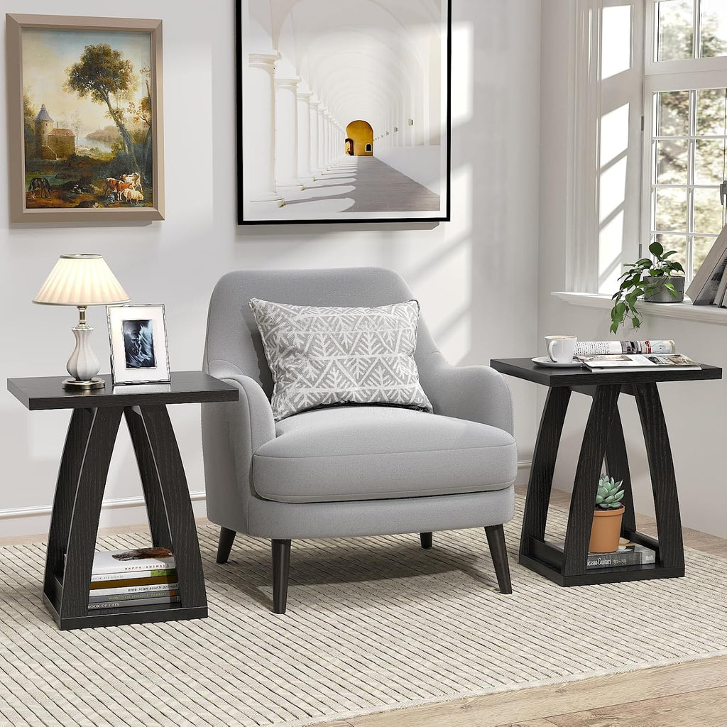 FROMJBEST End Tables Living Room, Side Table Beside Sofa, Nightstand for Bedroom, Couch Side Table with Shelf, Modern End Table for Living Room, Black End Table Set of 2