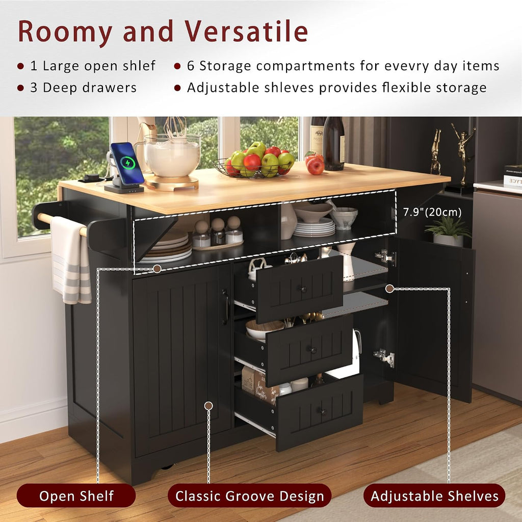 Merax 55.7' Upgraded Large Kitchen Cart Island on Wheels with 2 Drop Leaf,Power Outlet,3 Drawers,Wood Frame Storage Cabinet