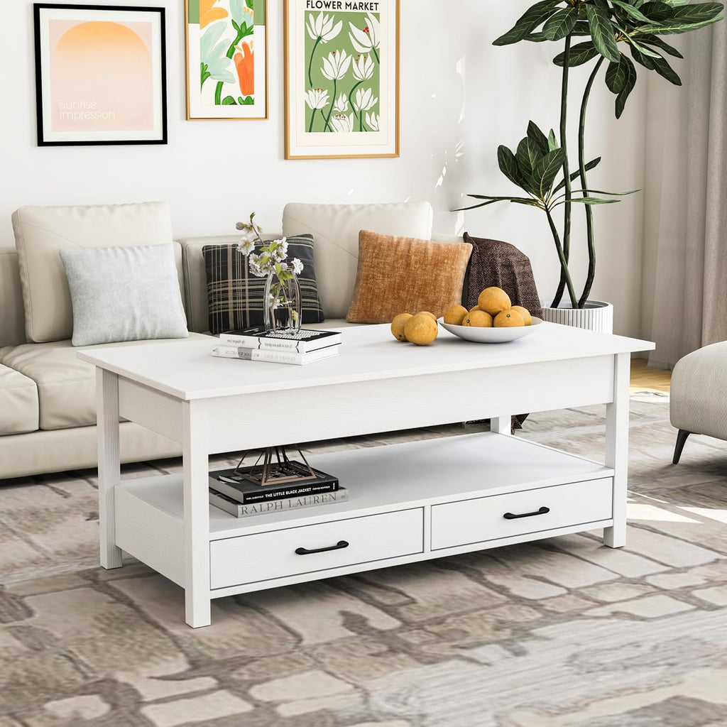 Panana Coffee Table, Lift Top Coffee Table with Hidden Compartment, 2 Drawers and 1 Open Shelf, Retro Central Wooden Table Lift Tabletop for Living Room (White)