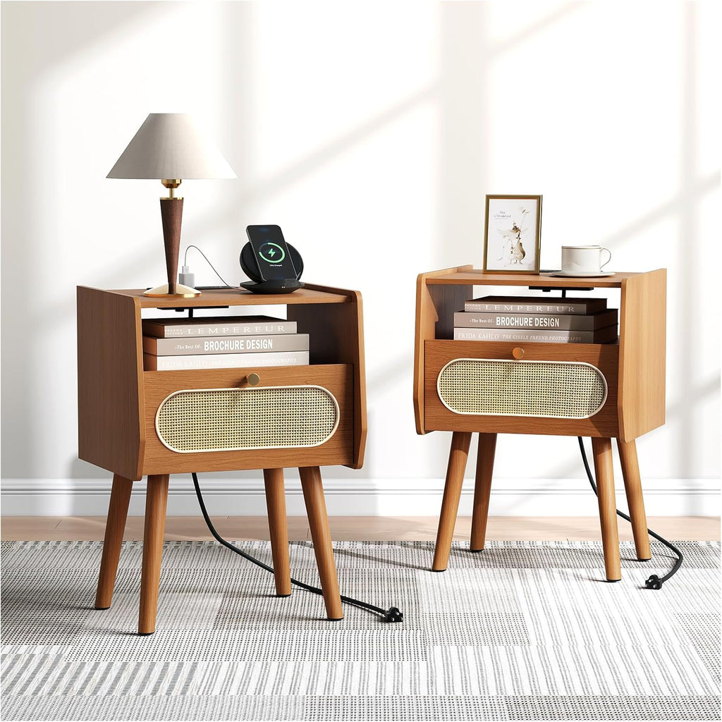 JOINICE End Tables Living Room Set of 2, Mid Century Modern Nightstands with Charging Station, Boho Rattan Bedside Tables with Drawer Storage & Solid Wood Legs, Night Stand Set 2 for Bedroom, Cherry