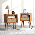JOINICE End Tables Living Room Set of 2, Mid Century Modern Nightstands with Charging Station, Boho Rattan Bedside Tables with Drawer Storage & Solid Wood Legs, Night Stand Set 2 for Bedroom, Cherry