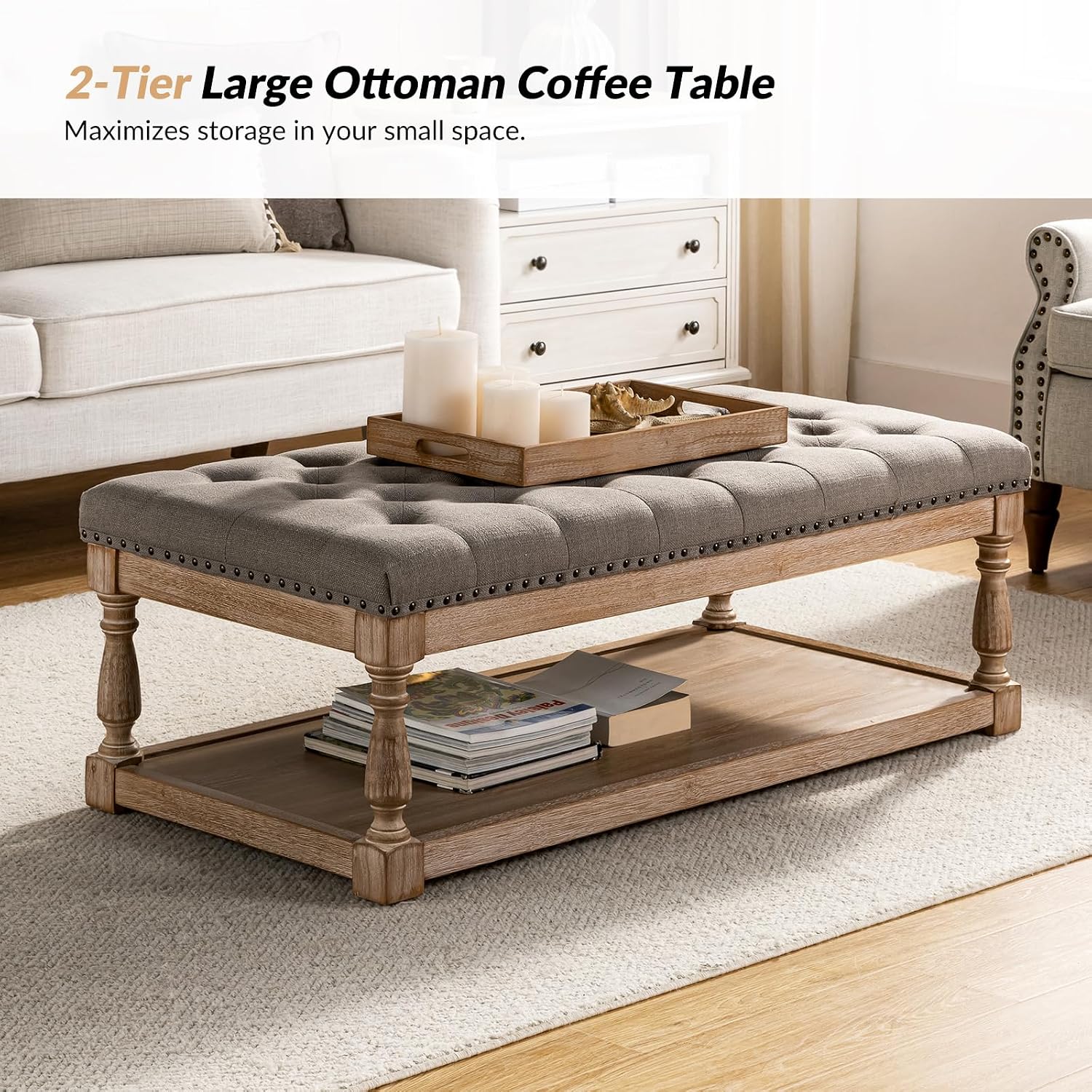 HULALA HOME Rectangle Ottoman Coffee Table with Tray, Large Tufted Fabric Coffee Table with Wood Shelf Storage for Living Room, Grey