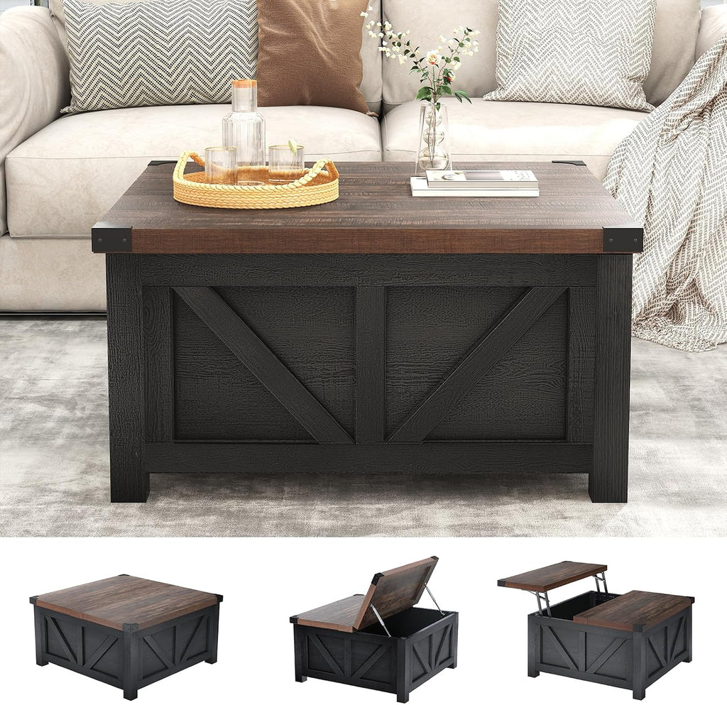 jimeimen Farmhouse Lift Top Coffee Table with Storage, Wood Square Center Table with Charging Station&USB Port, Living Room Table w/Large Hidden Space, for Living Room, Bedroom, Home Office, Black