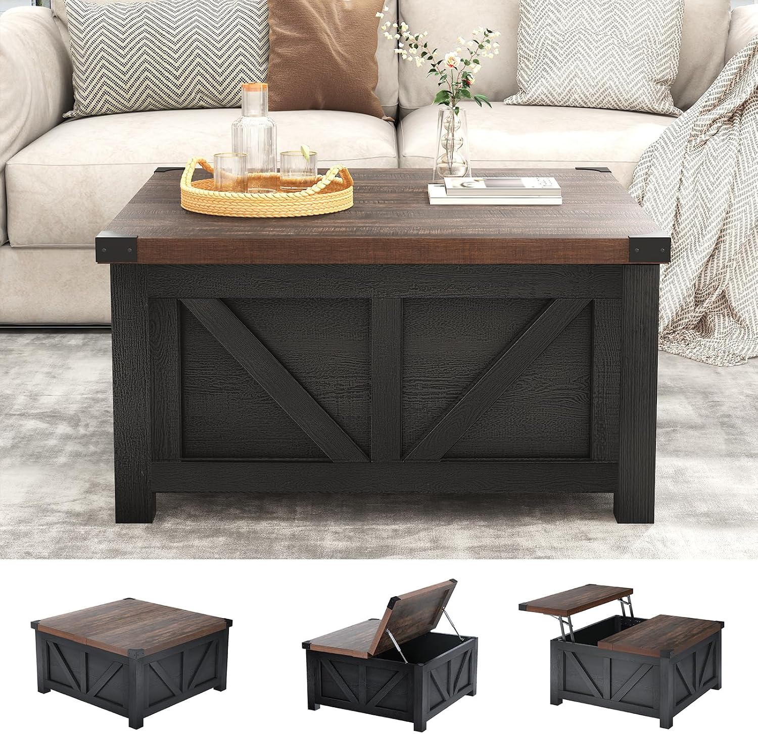 jimeimen Farmhouse Lift Top Coffee Table with Storage, Wood Square Center Table with Charging Station&USB Port, Living Room Table w/Large Hidden Space, for Living Room, Bedroom, Home Office, Black