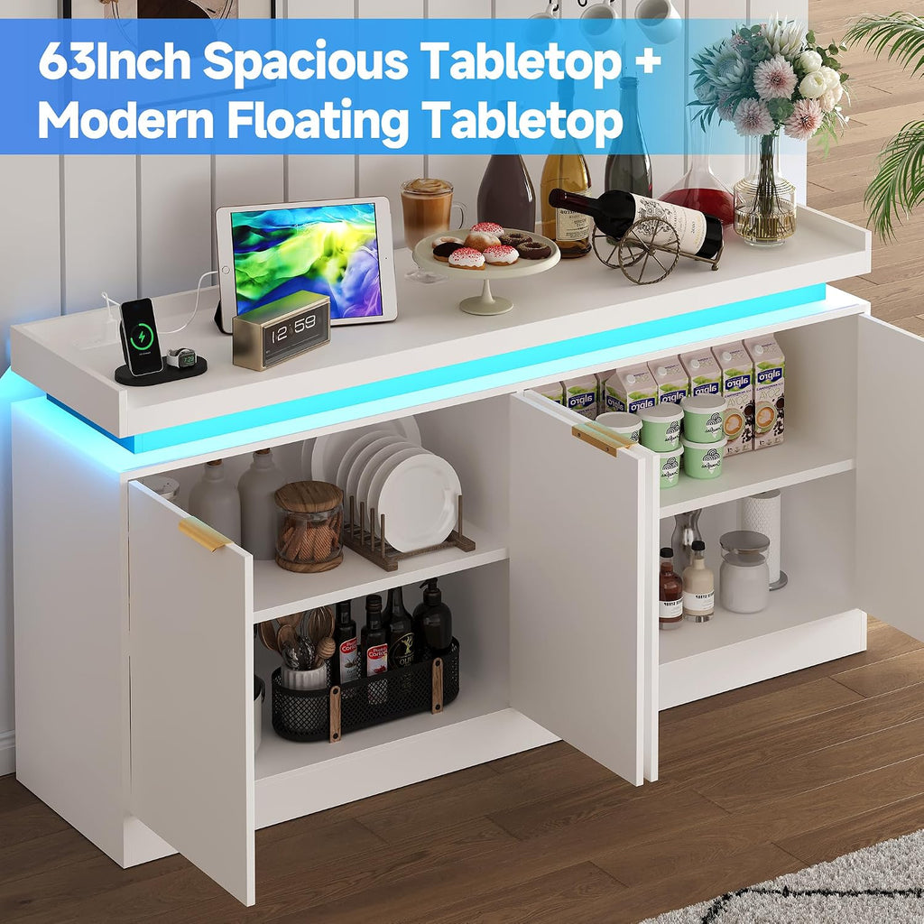 knoworld LED Sideboard Buffet Cabinet with Storage, 63'' Large Kitchen Cabinet Storage Cabinets with 4 Doors, Wood Coffee Bar Cabinets Buffet Table for Kitchen, Dining Room, Living Room (White)