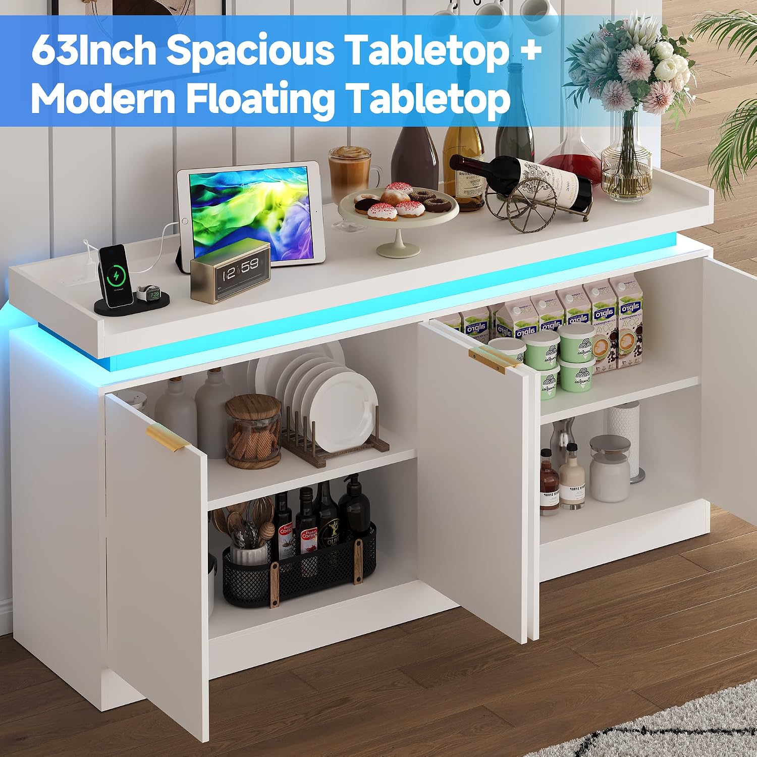 knoworld LED Sideboard Buffet Cabinet with Storage, 63'' Large Kitchen Cabinet Storage Cabinets with 4 Doors, Wood Coffee Bar Cabinets Buffet Table for Kitchen, Dining Room, Living Room (White)