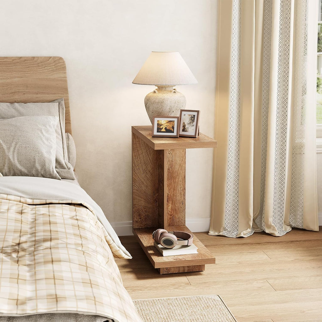 LITTLE TREE C-Shaped Side Table Set of 2, Narrow 2-Tier End Table for Living Room, Couch, Bedroom, Bedside, Nightstand, Brown