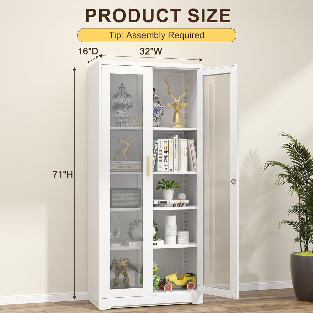 Curio Display Cabinet with Glass Doors,71'H Metal Display Case with 4 Adjustable Shelves, White China Storage Cabinet for Collectibles, Trophies & Liquor - Locking Tall Glass Cabinet for Home