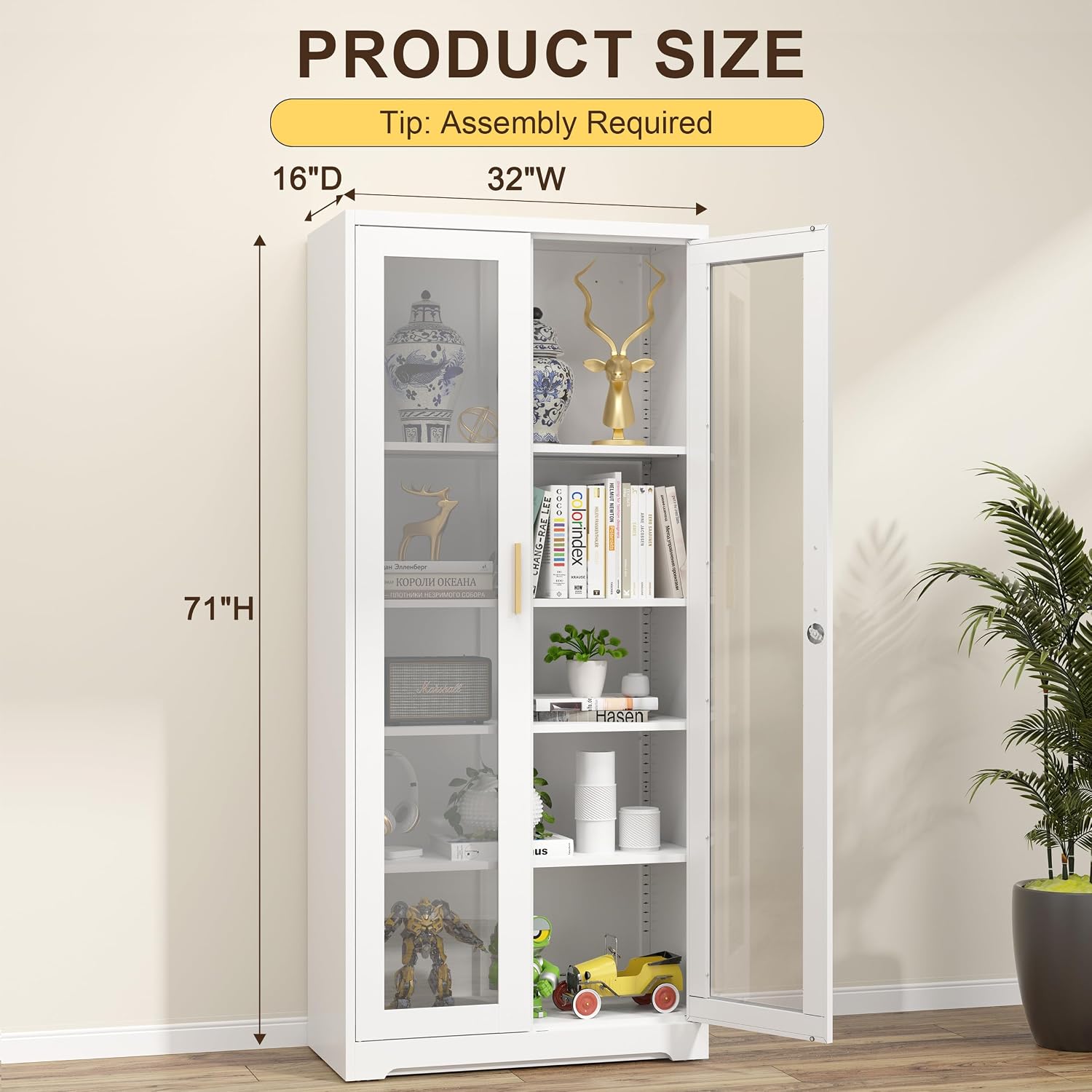 Curio Display Cabinet with Glass Doors,71'H Metal Display Case with 4 Adjustable Shelves, White China Storage Cabinet for Collectibles, Trophies & Liquor - Locking Tall Glass Cabinet for Home