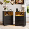 Black Night Stand Set 2, LED Nightstand with Charging Station,Wood Side Table Living Room,Fluted NightStands with 2 Drawers, End & Bedside Tables for Bedroom Sofa Office