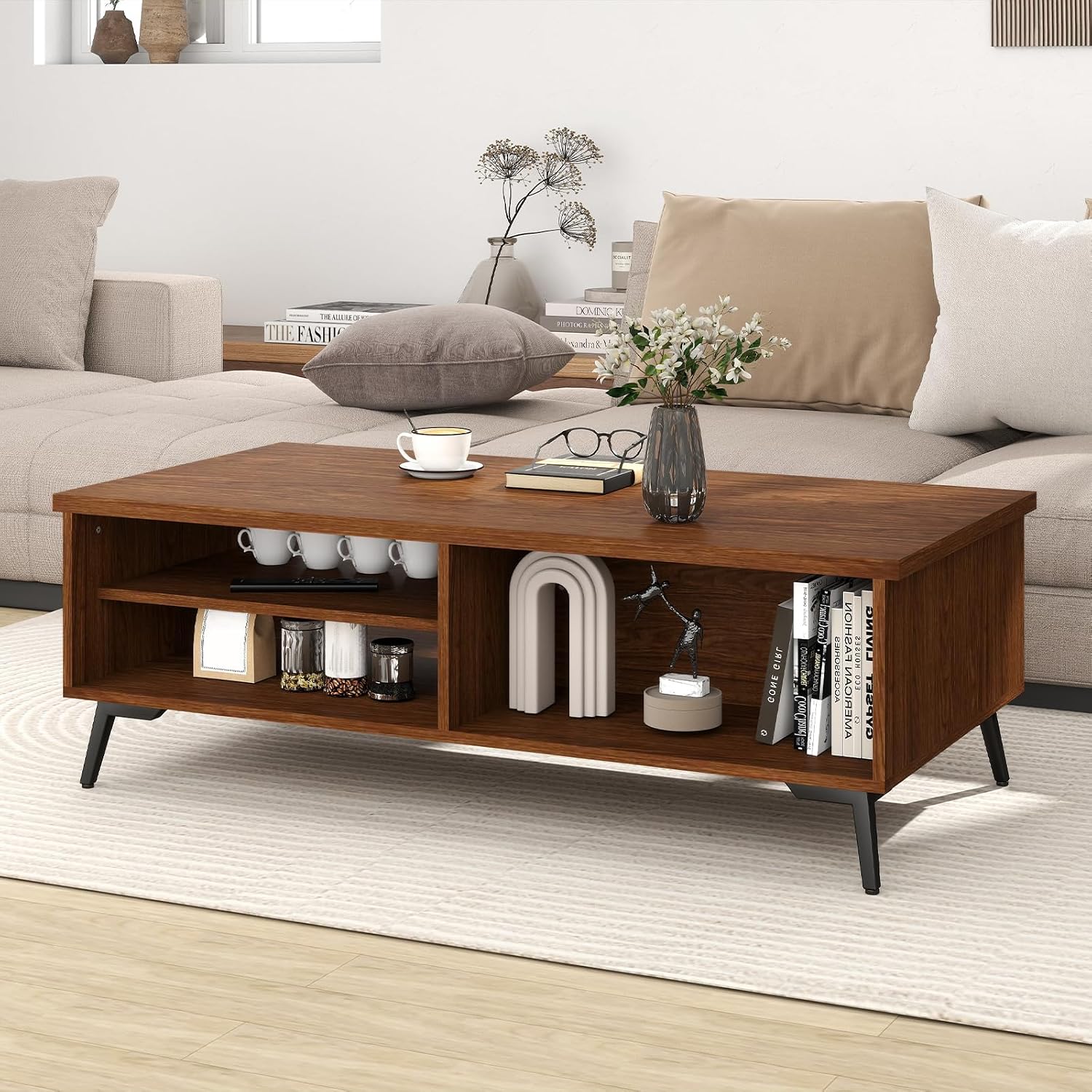 Giantex Mid Century Modern Coffee Table, 2-Tier Wood Rectangular Center Table with Storage Shelves, Compartments & Metal Legs, Vintage Living Room Tables for Reception (Walnut)