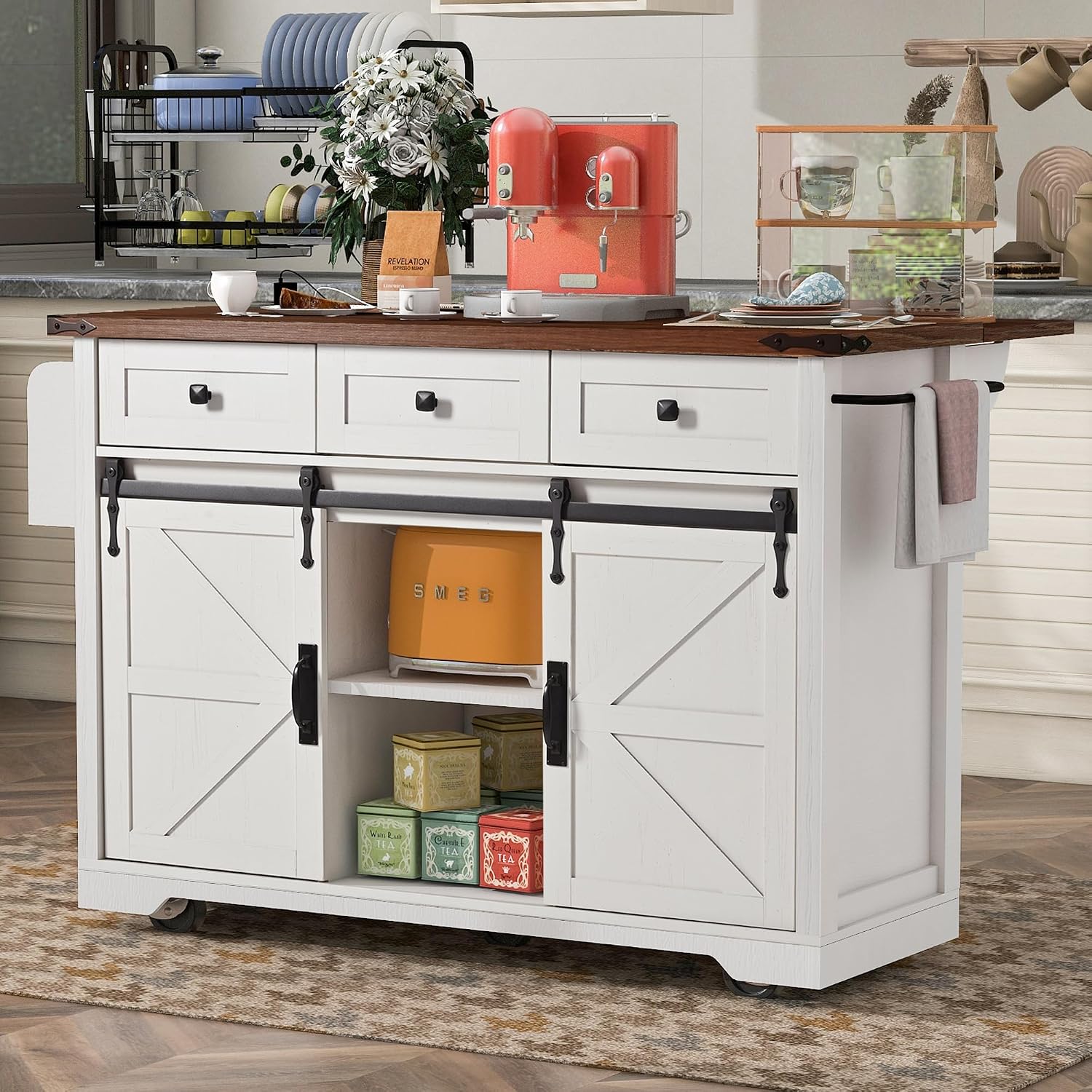 53.7' Farmhouse Kitchen Island With Power Outlet and Sliding Barn Doors, Rustic Storage Island With Drop Leaf, Rolling Cart With Drawers and Spice Rack for Dining Room