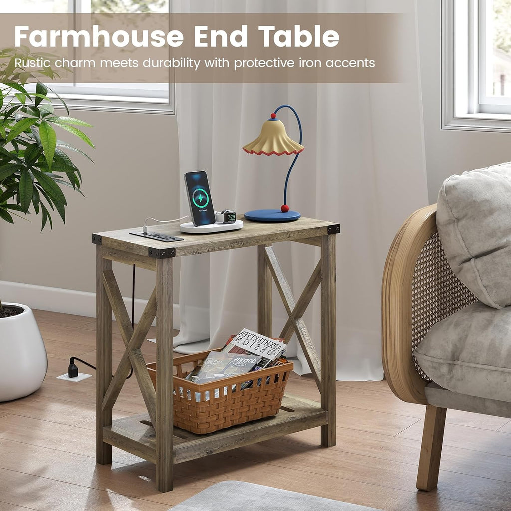 Hadulcet Farmhouse End Tables Living Room Set of 2 - Narrow Side Table with Charging Station, Slim Nightstand for Small Space, Skinny Bedside Table, Sofa Side Table with Storage Shelf, Elegant Gray