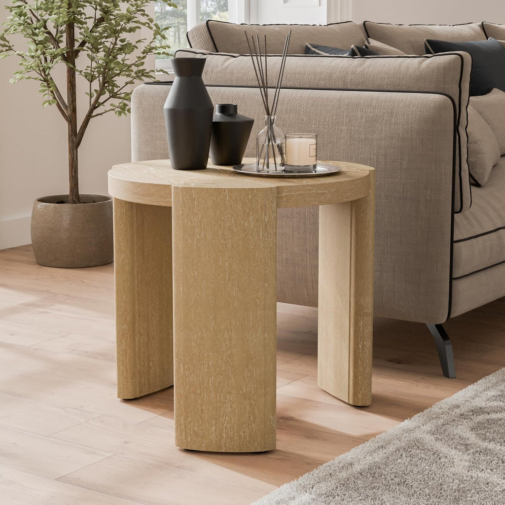 Furniture of America Carys Modern Solid Wood 20-inch Round End Table with Plinth Base, Living Room Furniture for Small Space, Home Office, Oak